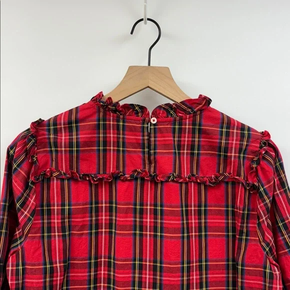 J. Crew Tartan Plaid Ruffle Popover Poplin Blouse Preppy Holiday Red Medium - Picture 8 of 11